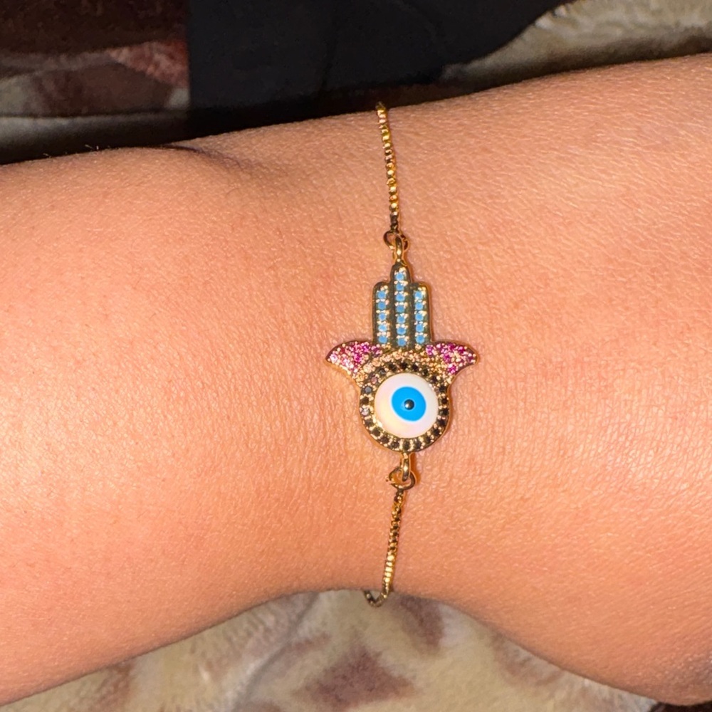 Gold Hamsa Bracelet with Blue and Pink Accents